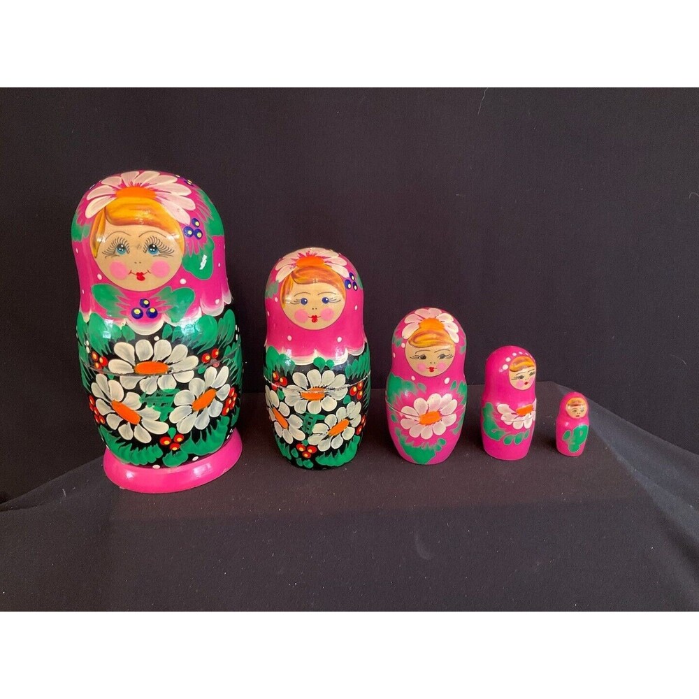 5pc Set Vintage 7" Russian Nesting Dolls Matryoshka Headscarf MCM Collectible